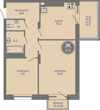 2-к кв. Пермский край, Пермь ш. Космонавтов, 309Ак1 (52.4 м)