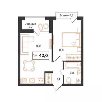 1-комнатная квартира: Тюмень, ЖК UNO (42 м)