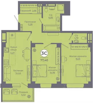 3-к кв. Ростовская область, Ростов-на-Дону ул. Еременко, 113 (77.19 м)