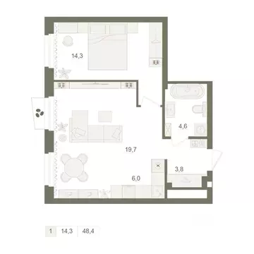 1-к кв. Башкортостан, Уфа Родина Парк жилой комплекс (48.4 м)