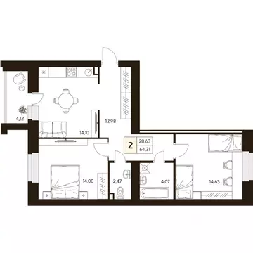 2-к кв. Башкортостан, Уфа ул. Ахметова, 296/2 (64.31 м)