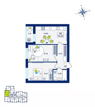 2-к кв. Калининградская область, Зеленоградск  (51.59 м)
