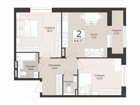 2-к кв. Воронежская область, Воронеж Эклипс жилой комплекс (64.57 м)