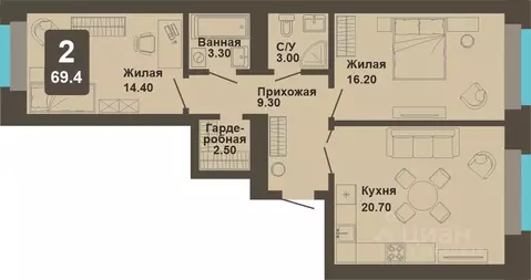 2-к кв. Чувашия, Чебоксары ул. И.П. Прокопьева (69.4 м)