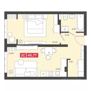 2-к кв. Новосибирская область, Новосибирск Аэропорт мкр,  (45.77 м)