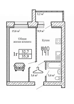 1-к кв. Тамбовская область, Тамбовский муниципальный округ, д. Крутые ...