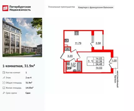 1-к кв. Санкт-Петербург пос. Стрельна, просп. Буденного, 18к3 (31.9 м)