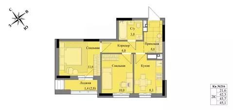 2-к кв. Удмуртия, Ижевск Краски Леса жилой комплекс (43.7 м)