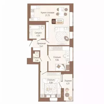 2-к кв. Тульская область, Тула Кулик жилой комплекс (54.29 м)