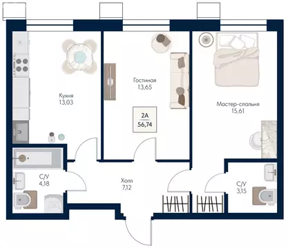 2-комнатная квартира: Мытищи, ЖК Бархат (56.74 м)