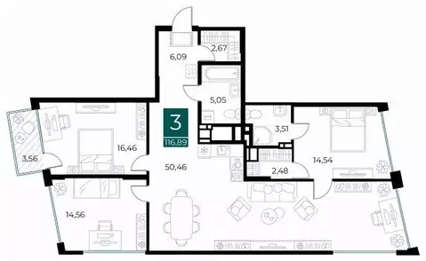 3-к кв. Рязанская область, Рязань Арт Кварталы жилой комплекс (116.89 ...