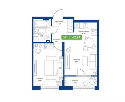2-комнатная квартира: Новосибирск, жилой комплекс Биография (42.93 м)
