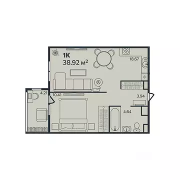 Квартира, 1 комната, 38.92 м