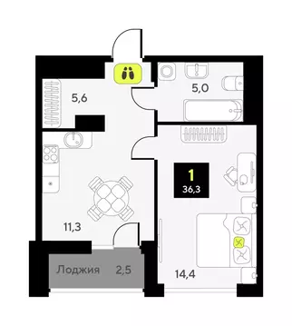 1-комнатная квартира: Тюмень, улица Разведчика Кузнецова, 9 (36.3 м)