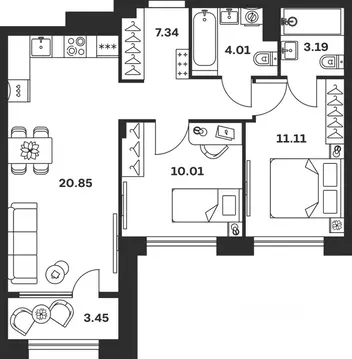 2-к кв. Тульская область, Тула Баташи Парк жилой комплекс (59.96 м)