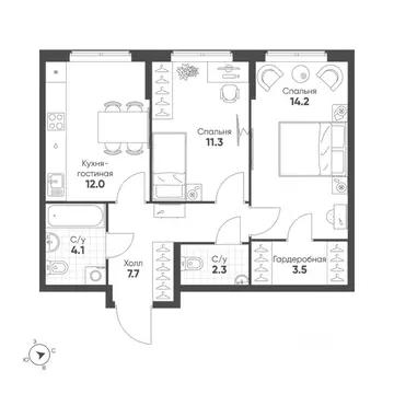 2-к кв. Свердловская область, Екатеринбург Солнечный жилрайон,  (55.1 ...