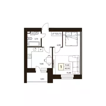 1-к кв. Башкортостан, Уфа ул. Жуковского, 19А (40.9 м)