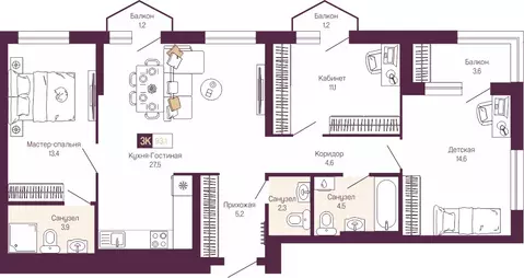 3-комнатная квартира: Нижний Новгород, Нижегородский район (89.7 м)
