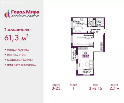 2-комнатная квартира: Симферополь, улица Батурина, 177к2 (61.3 м)