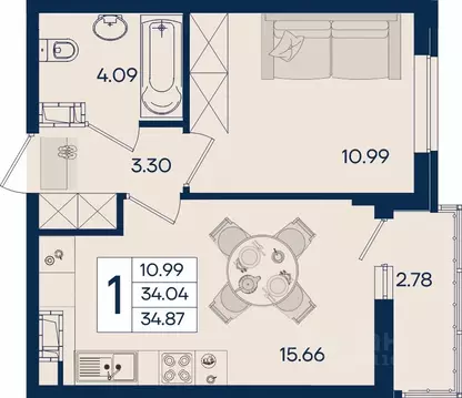 1-к кв. Краснодарский край, Краснодар  (34.87 м)