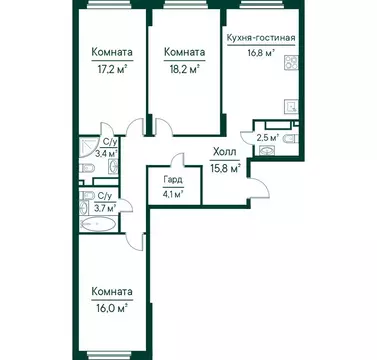 3-к кв. Самарская область, Самара Грин Ривер жилой комплекс (97.65 м)