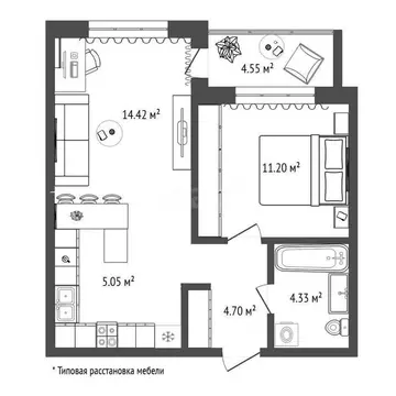 1-комнатная квартира: Тюмень, улица Газовиков, 73 (40 м)
