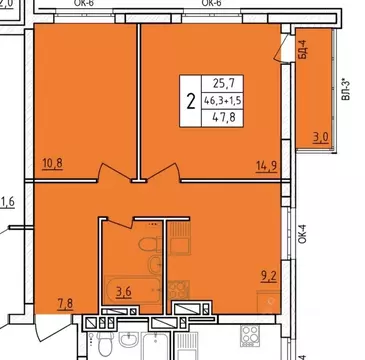 2-к кв. Башкортостан, Уфа ул. имени Фронтовых Бригад, 15/1 (47.8 м)