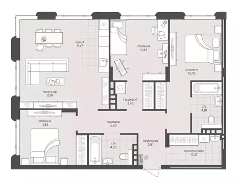 3-к кв. Новосибирская область, Новосибирск Кедровая ул., 79 (92.9 м)