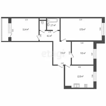 3-комнатная квартира: Тюмень, Уральская улица, 74 (66.6 м)