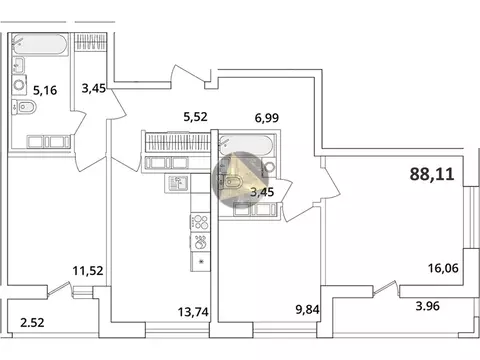 3-комнатная квартира: Санкт-Петербург, Кубинская улица, 82к3с1 (88.11 ...