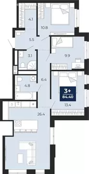 3-комнатная квартира: Тюмень, проезд Капитана Куликова, 5 (84.4 м)