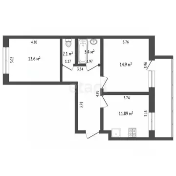 2-к кв. Вологодская область, Череповец Октябрьский просп., 76 (57.4 м)