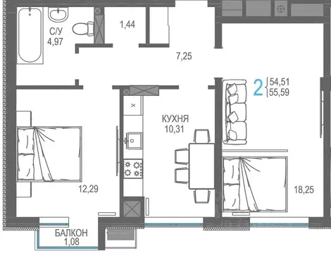 2-к кв. Крым, Симферопольский район, Гвардейское пгт, Республика жилой ...