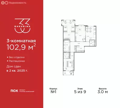 3-комнатная квартира: Санкт-Петербург, проспект Бакунина, 33 (102.9 м)