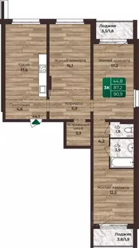 3-к кв. Алтайский край, Барнаул ул. 6-я Нагорная, 15в/к1 (90.9 м)