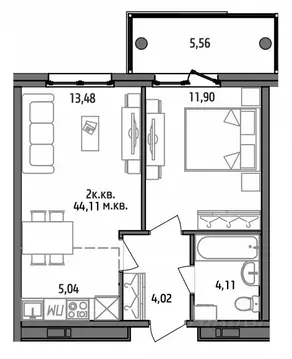 2-к кв. Карелия, Петрозаводск ул. Тапиола, 1 (44.2 м)