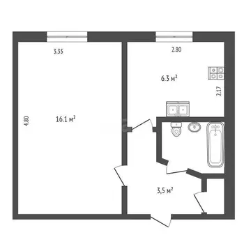 1-комнатная квартира: Череповец, улица Максима Горького, 77 (28.5 м)