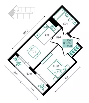 2-к кв. Адыгея, Майкопский район, пос. Тульский  (44.38 м)