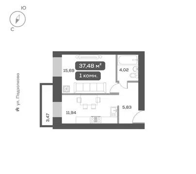 1-к кв. Красноярский край, Красноярск ул. Петра Подзолкова (37.48 м)
