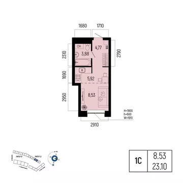 1-комнатная квартира: Уфа, улица Рудольфа Нуреева, 7 (23.1 м)