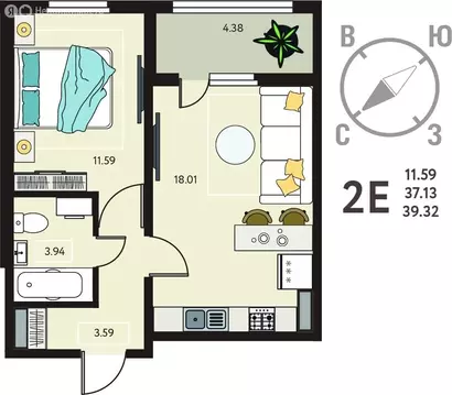1-комнатная квартира: Курск, улица Энгельса, 115/6 (39.32 м)