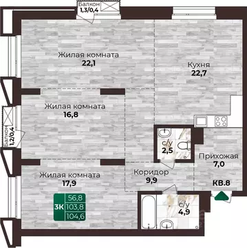 3-к кв. Алтайский край, Барнаул ул. 6-я Нагорная, 15Г/12 (104.6 м)