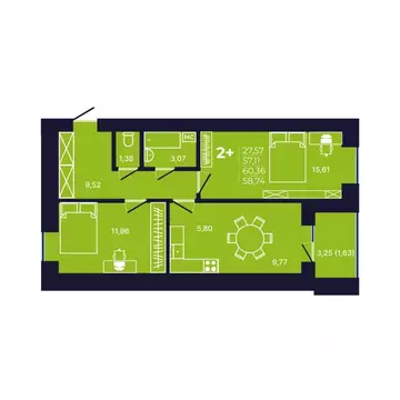 2-к кв. Башкортостан, Уфа ул. Михаила Зайцева, 6 (58.9 м)