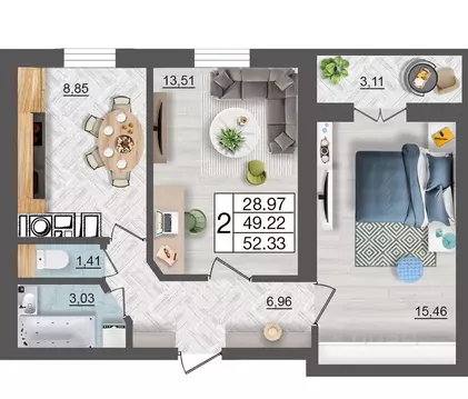 2-к кв. Смоленская область, Смоленск Максимум жилой комплекс (52.33 м)