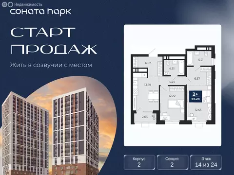 2-комнатная квартира: Екатеринбург, ЖК Соната Парк (65.97 м)