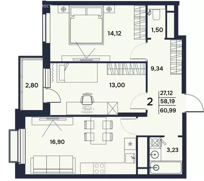 2-комнатная квартира: Пенза, Электрический проезд, 7 (60.99 м)