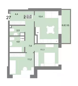 2-к кв. Свердловская область, Екатеринбург ул. Семена Лагоды, 80 (58.8 ...