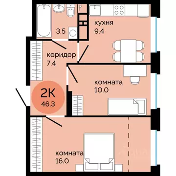 2-к кв. Пермский край, Пермь ул. Яблочкова, 5к4 (46.3 м)