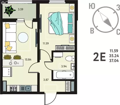 1-комнатная квартира: Курск, улица Энгельса, 115/6 (37.04 м)