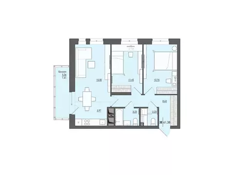 3-к кв. Пермский край, Пермь ул. Сергея Есенина, 9Ак2 (61.38 м)